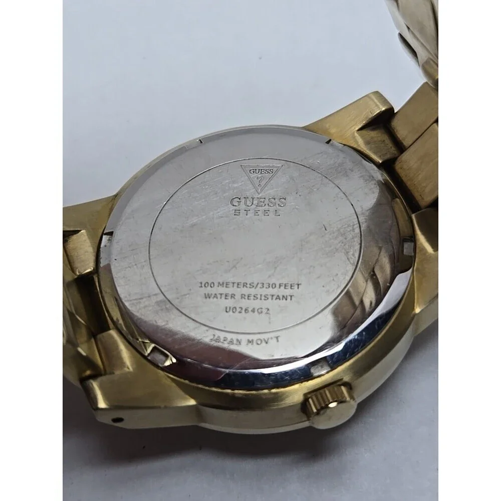 Mens Guess Steel Gold Tone 44mm Day Date Watch 100M Quartz New Battery Classic